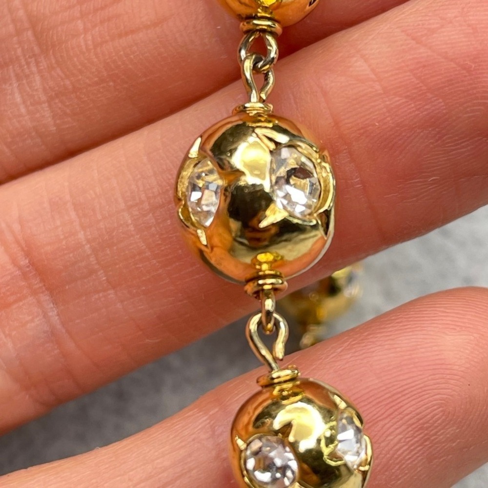 Vintage Gold Tone Ball Link Bracelet Crystal Starburst MCM Glam 6.25" Heavy